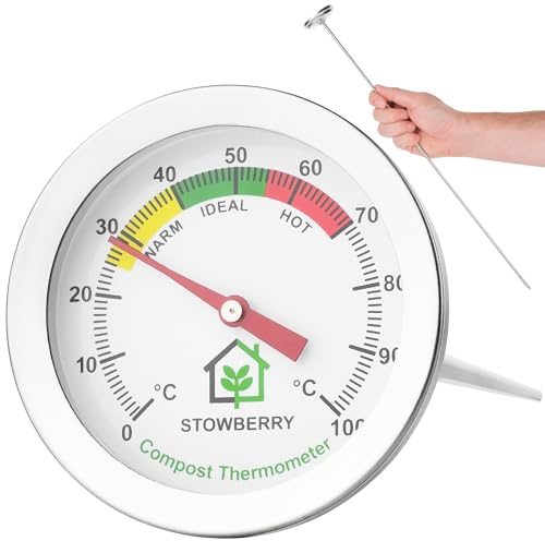 STOWBERRY Compost Thermometer 500mm Stainless Steel Soil Temperature Gauge | Extra Long Probe Composting Thermometer With Easy to Read 50mm Dial – Suitable for Garden, Backyard, and Home Composting