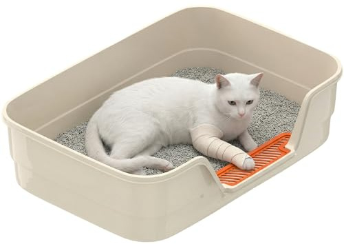 Suhaco Large Cat Litter Tray with High Sides & Low Entry Spacious 60x40x16CM Open Design for Elderly Cats & Kittens Easy Clean Cat Litter Box(WHITE)