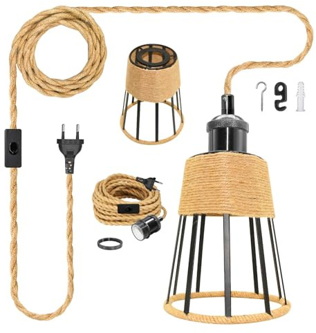 Retro Pendelleuchte mit Stecker,Industrielle Hanfseil Hängelampe mit kabel 5.1M, Vintage Zylinder Hanfseil Metall Lampenschirm Hängeleuchte, Rotes Kupfer E27 Lampefassung, für Loft, Ohne Glühbirne