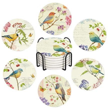 WWOOPLL Juego de 6 posavasos para bebidas, diseño vintage de pájaros y flores de acuarela redonda, con base de corcho y soporte de metal, parte inferior de corcho antideslizante para tazas y vasos