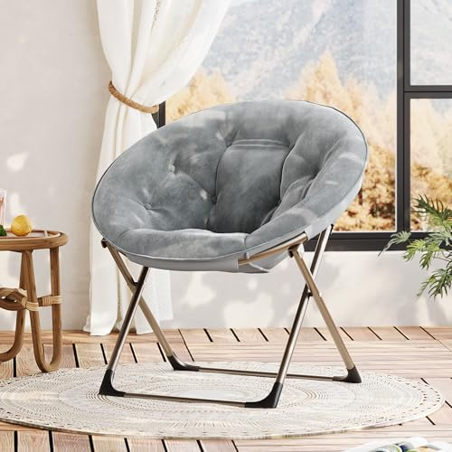 Aptliton Foldable Moon Chair, Modern Lounge Chairs, Grey with Gold Legs | Sturdy Metal Legs, Soft Vanity & Accent for Bedroom, Living Room, Dressing Area, Saucer Seat, Round Reading Seats