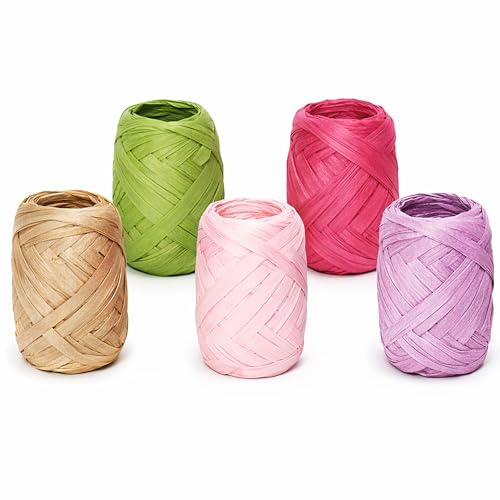 Papierband Raffiabast 5 Rollen Set je 20m - Geschenkband Raffia Papier Schnur Craft Verpackung - Bastband Papiergarn zum Binden Verzieren - Bänder für Geschenke Deko - Blütenfarben Mix