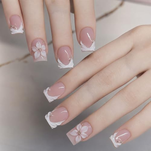 Glamoreal Kurze Press-on-Nägel (Eckig) – Weiße French-Nägel mit Blumendesign – Aufklebbare Kunstnägel für den Frühling und Sommer – Für Damen (24 Stück)