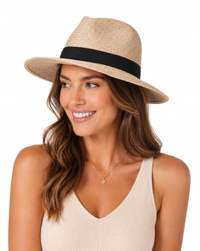 Unisex Straw Fedora Hat, Natural Summer Trilby Style Hat with Black Grosgrain Band, Lightweight Paper Straw Beach Holiday Hat for Men Women