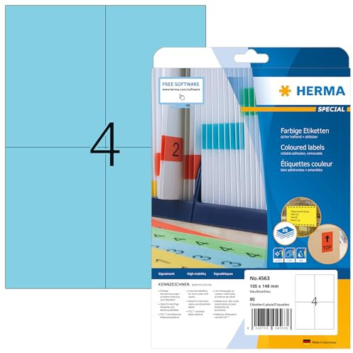 HERMA 4563 Farbige Etiketten blau ablösbar, 20 Blatt, 105 x 148 mm, 4 pro A4 Bogen, 80 Stück, selbstklebend, bedruckbar, matt, blanko Papier Farbetiketten Aufkleber
