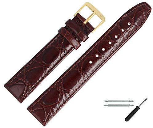 MARBURGER Uhrenarmband 14mm Leder Braun Gold Kroko (Caiman) Prägung Mit Naht - Montage Set 5291431000220