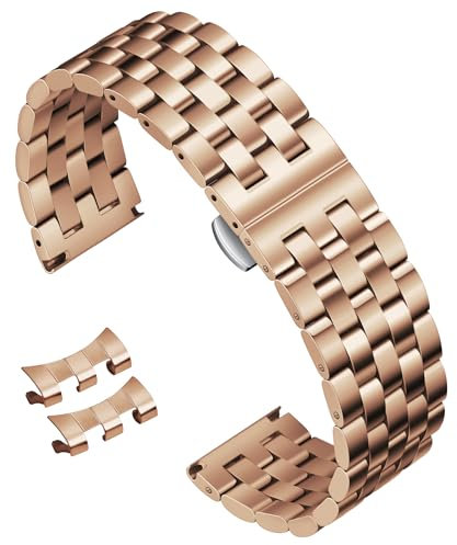 BINLUN Edelstahl Uhrenarmband Poliert Metall Uhrenarmbänder 18mm 19mm 20mm 21mm 22mm 24mm Smartwatch Ersatzarmband für Herren Damen Metallarmband mit Geraden und Gebogenen Ende (Roségold, 20mm)