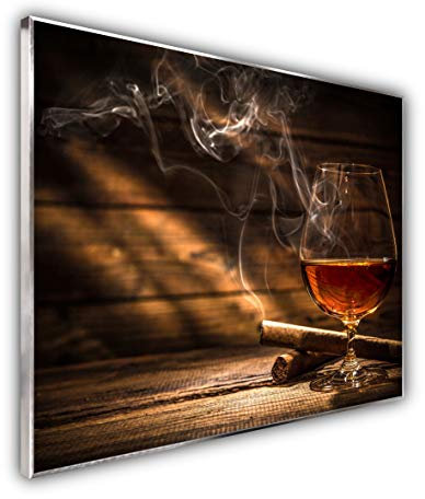 Steinfeld XXL Glasbild mit Rahmen/Glas Deko Bild (Silber/alu) (100 x 115 cm, 004 Whisky mit Zigarre)