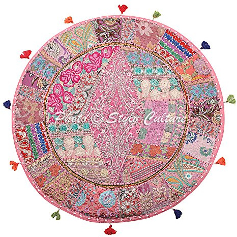 Stylo Culture Bodenkissenbezug Boho 100x100 cm Indisch Dekorativ Rund Groß Sitzpolster Kissen Vintage Baby Pink Bohemien Patchwork Wohnzimmer Baumwolle Bestickt Bodenkissen Sitzkissen