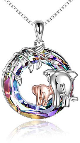 YFN Elephant Necklace 925 Sterling Silver Mother Daughter Pendant Purple Crystal Jewellery Gifts for Women Mum Girls