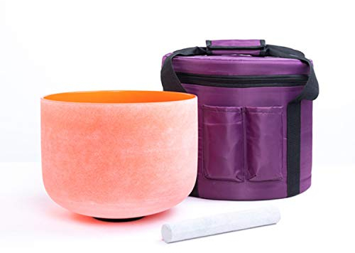 KVKA 432 Hz Perfect Pitch D Note Sacral Chakra Orange Colored Frosted Quartz Crystal Singing Bowl 10 inch with Carrying Case