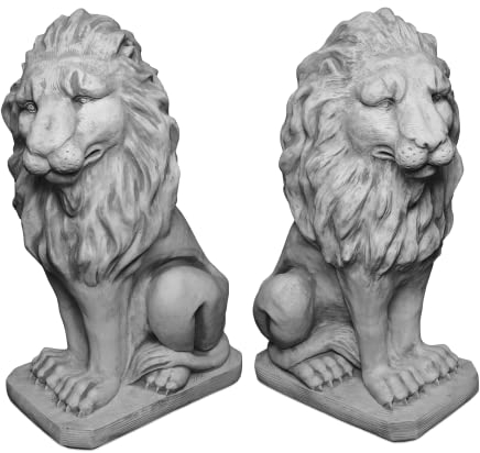 gartendekoparadies.de Große Löwen Statuen Leo, Steinfiguren, H. 92 cm, 198 kg, Grau, frostsicher aus Steinguss für Außenbereich (Löwen-Set)