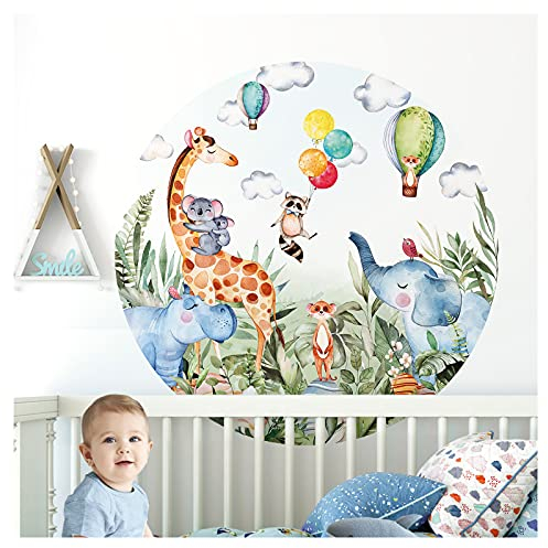 Little Deco Wandsticker Kinderzimmer Wandtattoo Tiere 120 cm rund Wanddeko Spielzimmer Sticker Kind Wandaufkleber Baby selbstklebend Giraffe Koala Ballon DL563