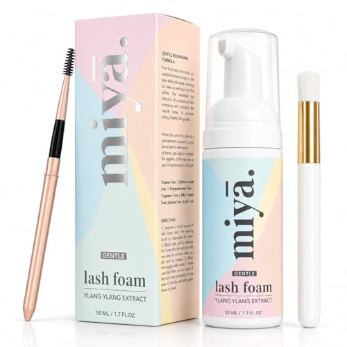Gentle Lash Shampoo & Brush | Paraben & Sulfate Free Lash Cleanser for Extensions | Eyelid Wash | Makeup, Oil, Remover | Foaming Eyelash Extension Cleanser | Miya Lash Bath 50ml | Salon & Home Use