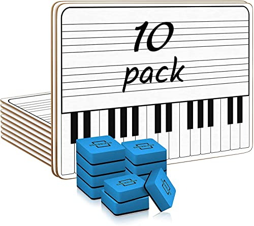 SCRIBBLEDO 10 Stück 27,9 x 35,6 cm Klaviertafel, trocken abwischbar, Whiteboard, doppelseitig, Musikpersonal, Whiteboard für Kinder, Studenten, Musikunterricht, Zubehör (10 Radiergummis im