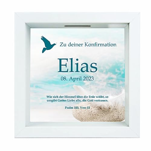 Bilderrahmen-Spardose – personalisiert mit Name und Datum – Geschenk zur Kommunion/Konfirmation – Motiv Taube – Geldgeschenk – 3D-Sparbüchse (Konfirmation, Blau)