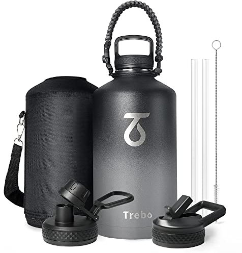 Trebo One Gallon Water Bottle Insulated with Paracord Handle,128oz Stainless Steel Sports Large Jug Food-grade Double Wall Vacuum with Straw Spout Handle Lids, Leakproof Keep Cold & Hot, Dark Gray