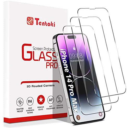 Tentoki Screen Protector for iPhone 14 Pro Max 6.7 Inch, [3-Pack] Ultra HD, 9H Hardness, Scratch Resistant, Case-Friendly, Tempered Glass Screen Protector for iPhone 14 Pro Max.