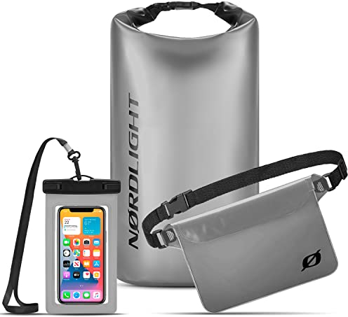 Nordlight wasserdichte Tasche 3er Set (Grau) - Dry Bag 10l + wasserdichte Handyhülle + wasserdichte Hüfttasche | IPX8 Schutz | Mit Verstellbaren Gurten Für Strand, Stand Up Paddling