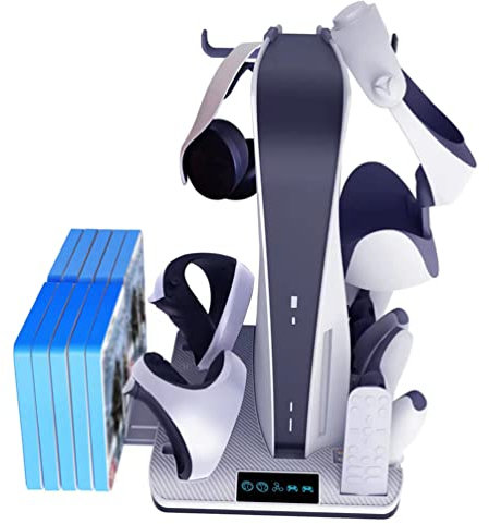 XiFor - Supporto di raffreddamento per console PS5/PS VR2 Dual Controller stazione di ricarica, dock di ricarica VR 2 con cuffia VR per casco, CD e accessori VR