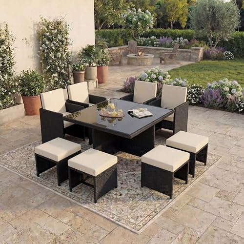Garden Vida Cuba 8 Seater Rattan Set With Cover | Black | Outdoor Garden Patio Dining Table Set | Steel Frame & PE Wicker | Weather Resistant, Tempered Glass, Cushions, Chairs, Stools + Cover
