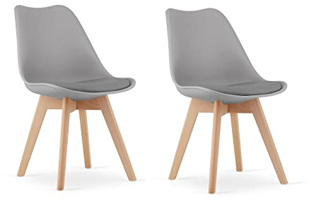 NMK HOME Esszimmerstühle 2er Set - Samt Stühle Esszimmer - Küchenstühle mit Sitzpolsterung und Natürlichen Holzbeinen - Grau Kunststoff Stühle mit Holzgestell