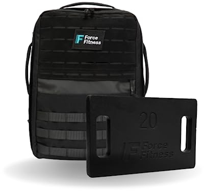 Force Fitness Rucking Backpack + Weights (20kg), Ruck Plate Carrier Rucksack for Men & Women, Weighted Backpack for Rucking, Running, Walking, Strength & Cardio Workouts for Athletes