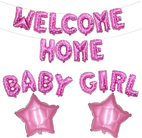 Fechy Welcome Home Baby Girl Banner Ballon mit Stern Folienballon für Herzlich Willkommen Zuhause Baby Mädchen Familie Partei Babyparty Girl Luftballons Dekoration(Rosa Stern)