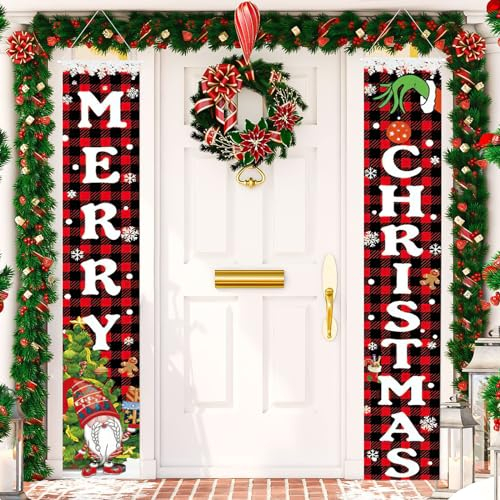 EKSMA Weihnachten Banner, Weihnachtsschilder, Schild Merry Christmas, Weihnachtstürgirlande, Buffalo Plaid Merry Christmas Schild Für Weihnachtsmann Hauswand Weihnachtsdeko 180 * 30cm