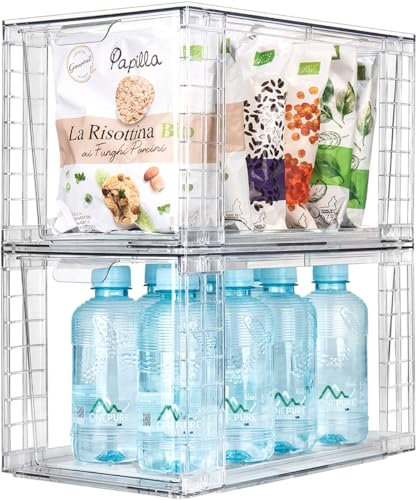 Paquete de 2 cajones grandes apilables de almacenamiento de cocina, contenedores organizadores de alimentos transparentes con asas, fácil de montar para baño, cocina, despensa, armario, armario (mango