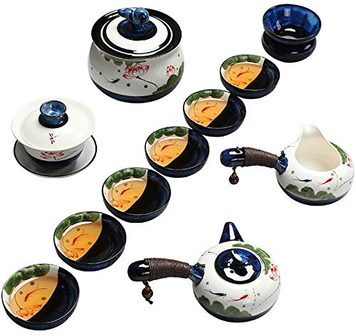 Juego de té Lotus Kung Fu, Tetera de Horno de cerámica Pintada a Mano, Juego de Oficina en casa, Taza de tazón con Tapa de Pescado, Horno Lateral de 12