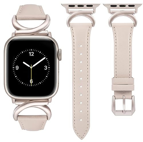 TOYOUTHS Leather Strap Compatible with Apple Watch Straps 44mm 45mm 49mm 46mm 42mm Women Slim Thin Dressy Strap with C-Shaped Buckle for iWatch 11 10 9 8 7 6 5 4 SE/Ultra 3 2 1, Starlight/Starlight