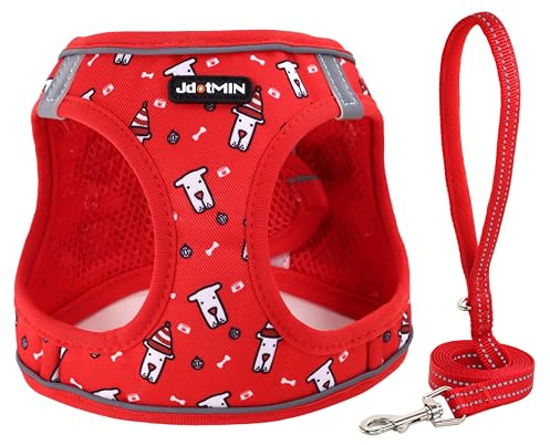 JdotMIN Plaid Dog Harness and Leash Set, Extra-Small/Small to Medium Dog and Cat Vest Harness No Pull, Escape Proof, For Walking Puppy and Kitten, For Travel and Car (Red, XS)