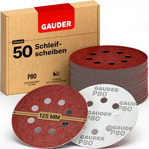 GAUDER Schleifscheiben für Exzenterschleifer Ø 125mm - Klett Schleifpapier 8 Loch - Schleifblätter rund für Holz, Metall und andere Materialien (P80 Körnung - 50 Stück)