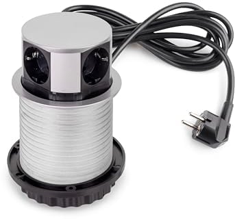 Emuca - Multiconnettore Vertikal Push diametro 100mm, 3 spine di tipo Schuko, 1 USB tipo A, 1 USB tipo C, Acciaio e Tecnoplastica, Verniciato alluminio