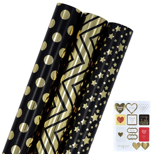 3 Rollen Geschenkpapier zum Geburtstag, 43 cm x 3 m, Geschenkpapier mit Stern bedruckt, perfekt für Geburtstag, Weihnachten, Hochzeit, Babyparty, Party, Festgeschenkdekorationen