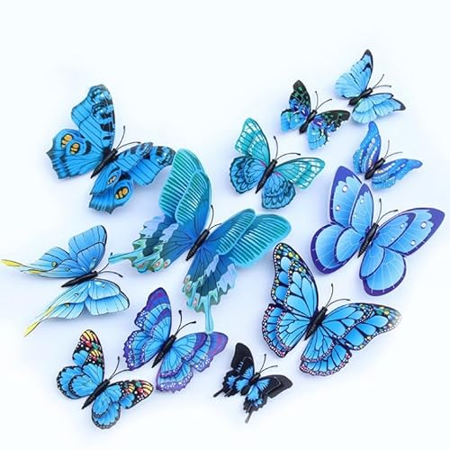 Lohill 36 Stück 3D Schmetterlinge Wanddeko Butterfly, Deko Balkon, Simulation Kunststoff Wandtattoo Kühlschrankaufkleber (Blau)