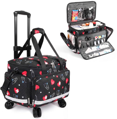 Borsa medica con rotelle, trolley per infermieri, EMT CNA RN, vuota, per primo soccorso, assistenza sanitaria, infermieristica, studenti, borsone, con ruote, per lavoro, medici e dottori, Cuore