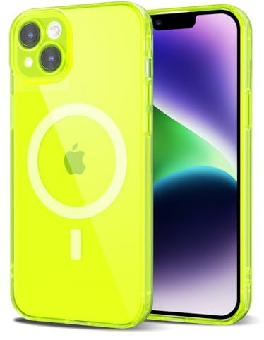 Svanove für iPhone 14 Hülle Magsafe Durchsichtig mit Kameraschutz, Dünn Transparent Bunt Handyhülle Magnetisch Induktives Laden, Einfarbig Klar Weich Slim Silikon Handy Hülle Mädchen, Neon Gelb