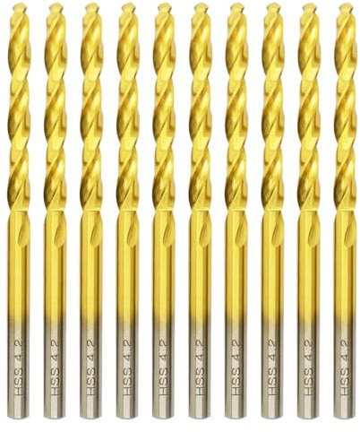 Hilpaty HSS-TiN Drill Bit 4.2mm x 75mm x 10pcs Titanium Coated Twist Drill Bits for Metal, Stainless Steel, Non Ferrous, Cast Iron, Wood