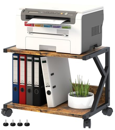 2-Ebene Druckerständer, Druckertisch mit arretierbaren Rädern, mobiler Druckerwagen, Druckerhalter Industrie-Design, Drucker Stand für Büro, Zuhause, Schule, Fax, Kopierer, Scanner (Holzfarbe)