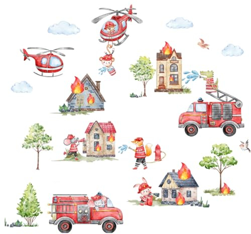 2 Sätze Von Großen Cartoon-tieren Feuerwehrauto Waldrettungsteam Kinderzimmer Hintergrund Heimdekoration Wandaufkleber 90 * 120cm