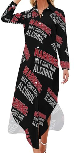 Kann Alkohol enthalten. Damen-Hemdkleid, Lange Ärmel, Knopfleiste, langes Maxikleid, lässige Bluse, Swing-Kleider