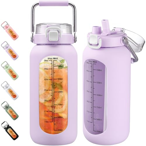 BLUEGO 2000ml Gourde en Verre avec Poignée en Inox et Marqueur de Temps Verre de Motivation 2L avec Manchon en Silicone et Paille pour Gym Office Extérieur Sport Bouteilles d'eau Sans BPA, Violet