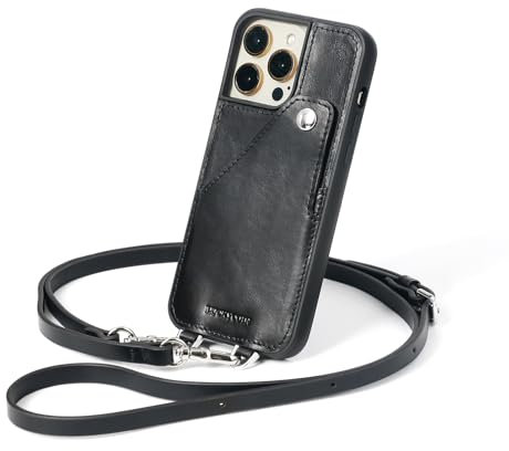 LUCKYCOIN Wallet Phone Case for iPhone 13 Pro Max with Wrist Strap/Card Holder,Fashion Travel Crossbody Case for Women,Genuine Leather Purse Cover for Girl,Pouch Case with Adjustable Neck Cord-Black