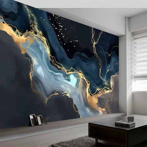 3D Panoramic Custom Wallpaper Mural, Abstract River Marble Stripes Pattern Photo Wallpaper, Navy Blue Wallpaper Mural, 400 x 280 cm (WxH) 3D Effect Wall Sticker Poster Decoration