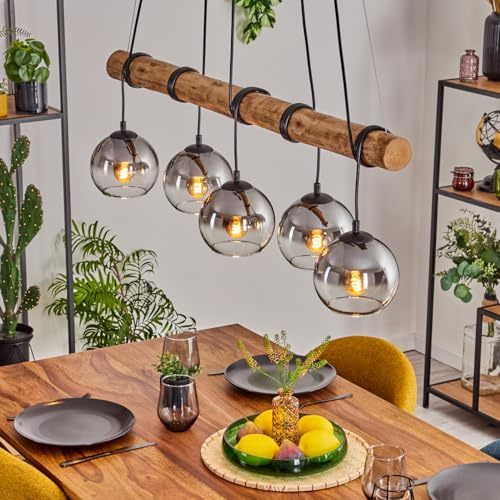 HOFSTEIN Pendelleuchte Koyoto, 5-flammige Hängelampe aus Metall/Holz/Glas in Schwarz/Natur/Rauch/Klar, Retro Hängeleuchte m. Glasschirmen und Holzbalken, max. 150cm, E27, Esszimmer, Wohnzimmer, Küche