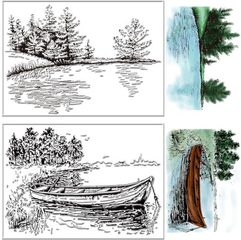 craspire Transparenter Stempel Mit Flussszene Wald Baum Boot See Pflanze Naturlandschaft Landschaftshintergrund Silikonstempel Siegel Für Die Kartenherstellung Journaling Dekoratives Scrapbooking
