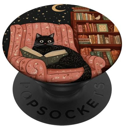 Black Cat Reading a Book in a Cozy Autumn Setting PopSockets Swappable PopGrip