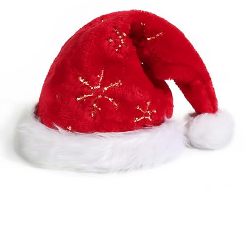 GEBETTER Weihnachtsmütze für Erwachsene Weihnachten Plüsche Nikolausmütze Weihnachtsmann Santa Nikolaus Mütze mit Golden Pailletten Schneeflocke Weihnachtskostüm für Damen und Herren